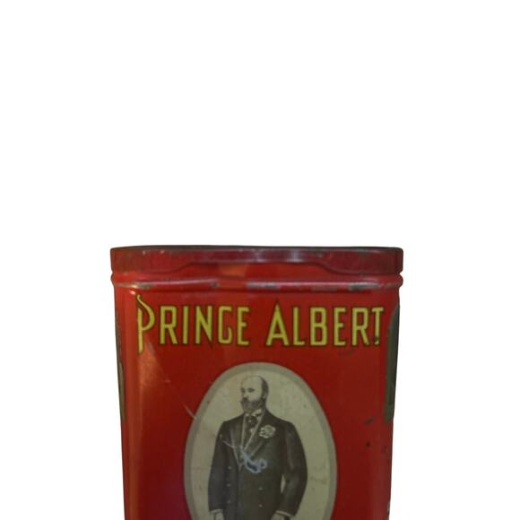 Vintage Prince Albert Tobacco Can 4 1/2"x3" Red Hinged Lid Slightly Dented - Picture 2 of 5